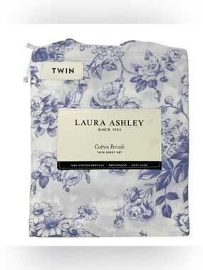Laura Ashley twin sheet set Cotton percale Floral periwinkle blue purple New
